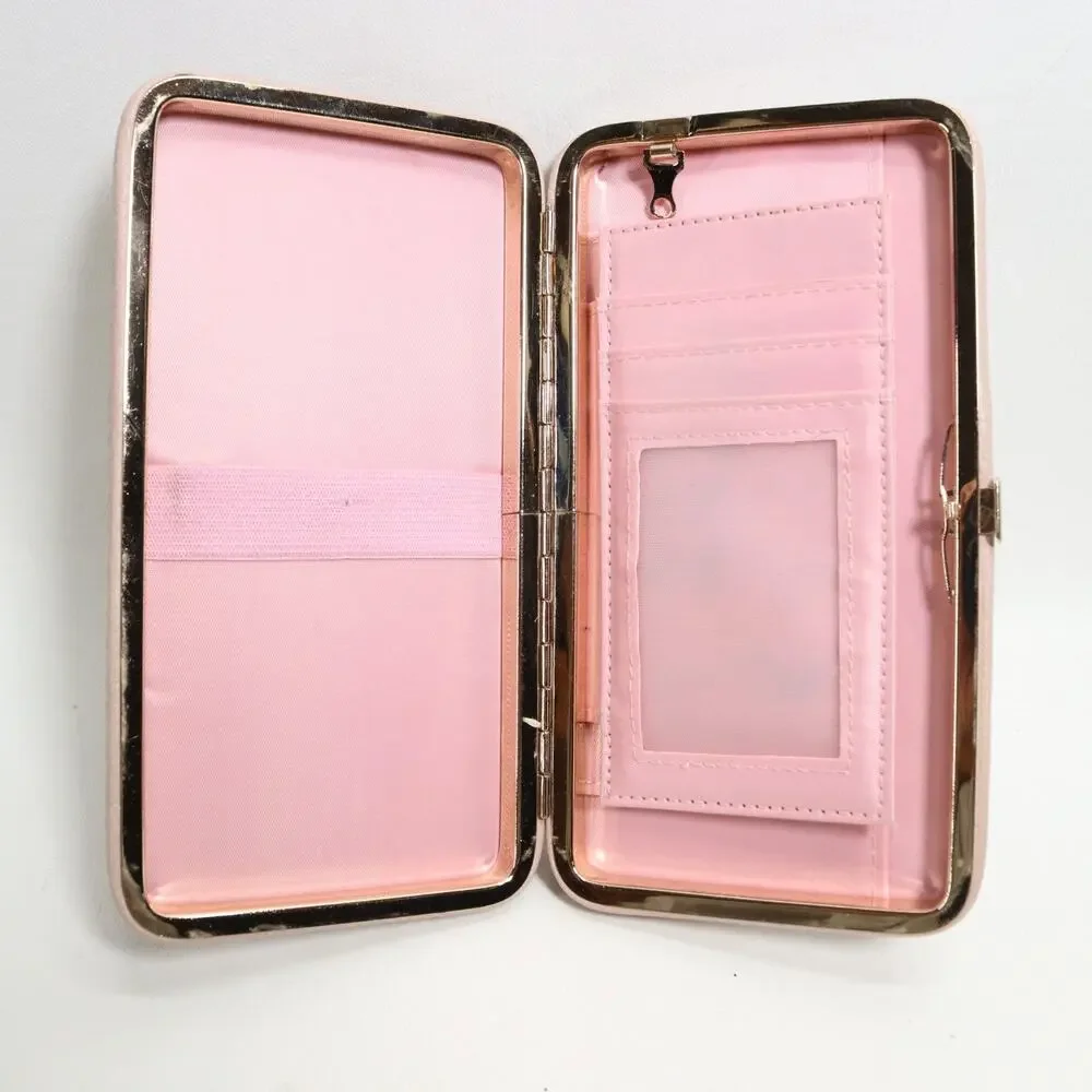 Classic Clutch Hard Case Wallet Women Pink Blush Faux Pebble Leather ID Cards